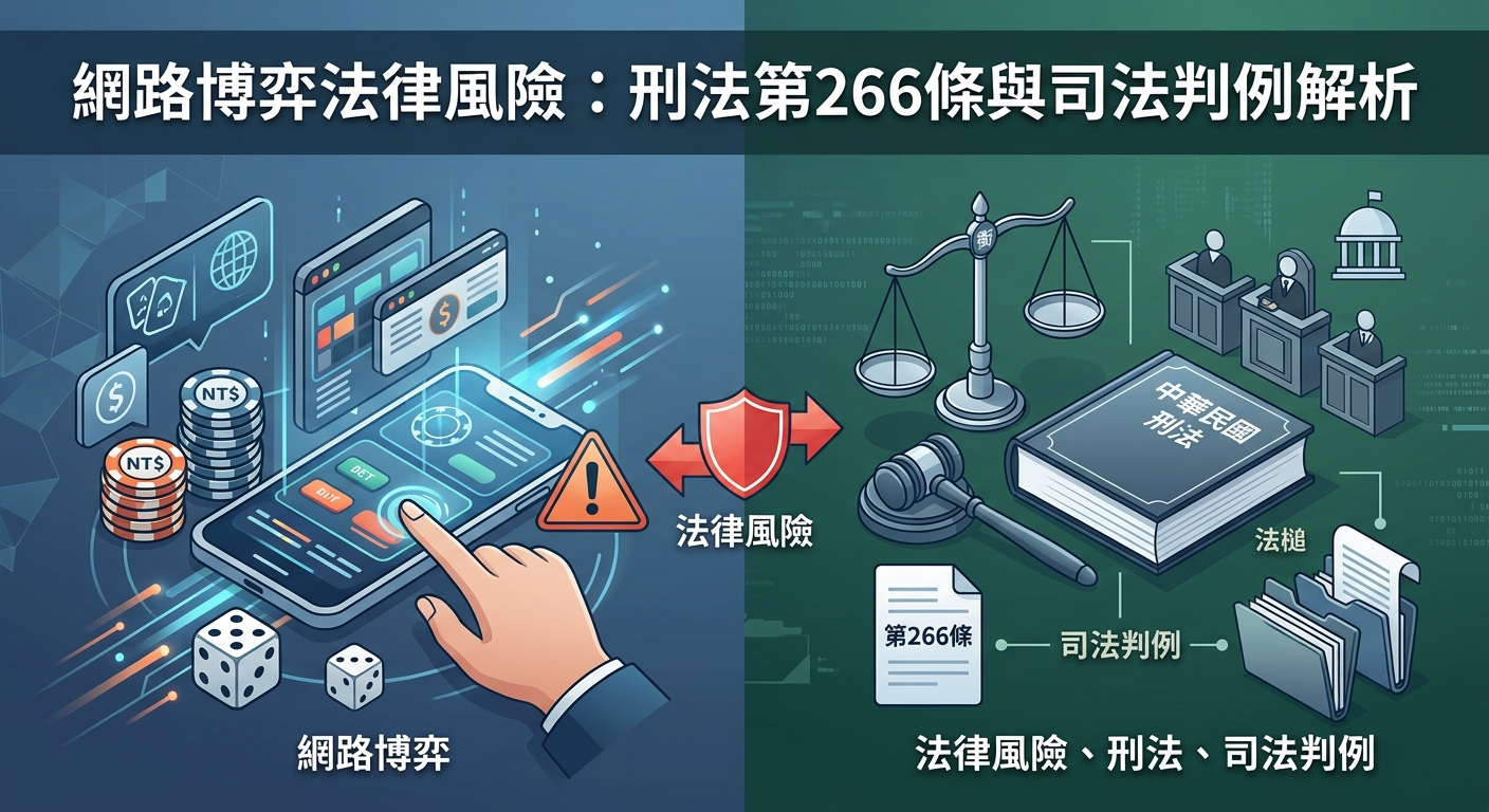 這幅插圖結合了數位網路與司法法律的視覺元素，展示手機線上博弈介面與代表刑法的法典、法槌及正義天平。 畫面上方標有標題「網路博弈法律風險：刑法第266條與司法判例解析」，清晰傳達主題內容與法規風險。