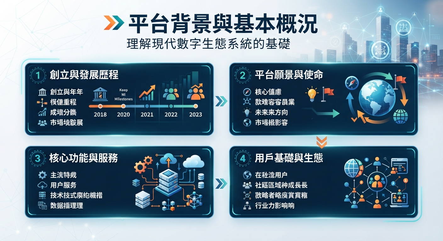 這是一張以「平台背景與基本概況」為主題的資訊圖表，主要涵蓋了創立歷程、願景使命、核心功能與用戶生態四個模組。 整體採用現代科技感的藍色基調，透過圖標與方塊結構清晰地展示了數字生態系統的基礎架構。