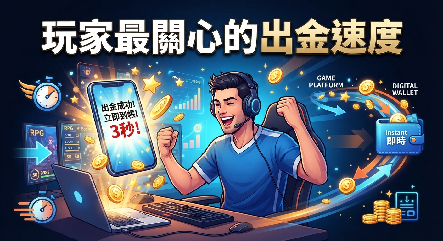 這裡是一張關於遊戲快速出金主題的宣傳圖片。畫面展現了玩家在電腦前對快速到帳感到興奮的模樣。